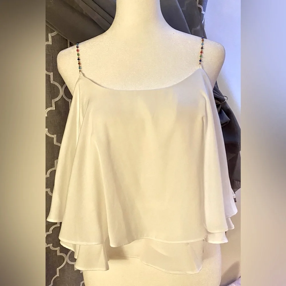 Market House Boutique; Mustard Seed: Medium; white with stone straps; crop flowy - Picture 1 of 9